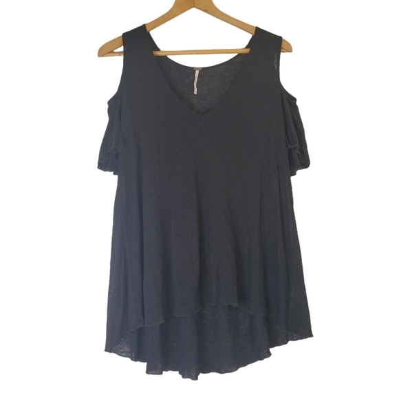 Free People Cold Shoulder Black Linen Blend Flowy Blouse Size XS - Picture 1 of 7